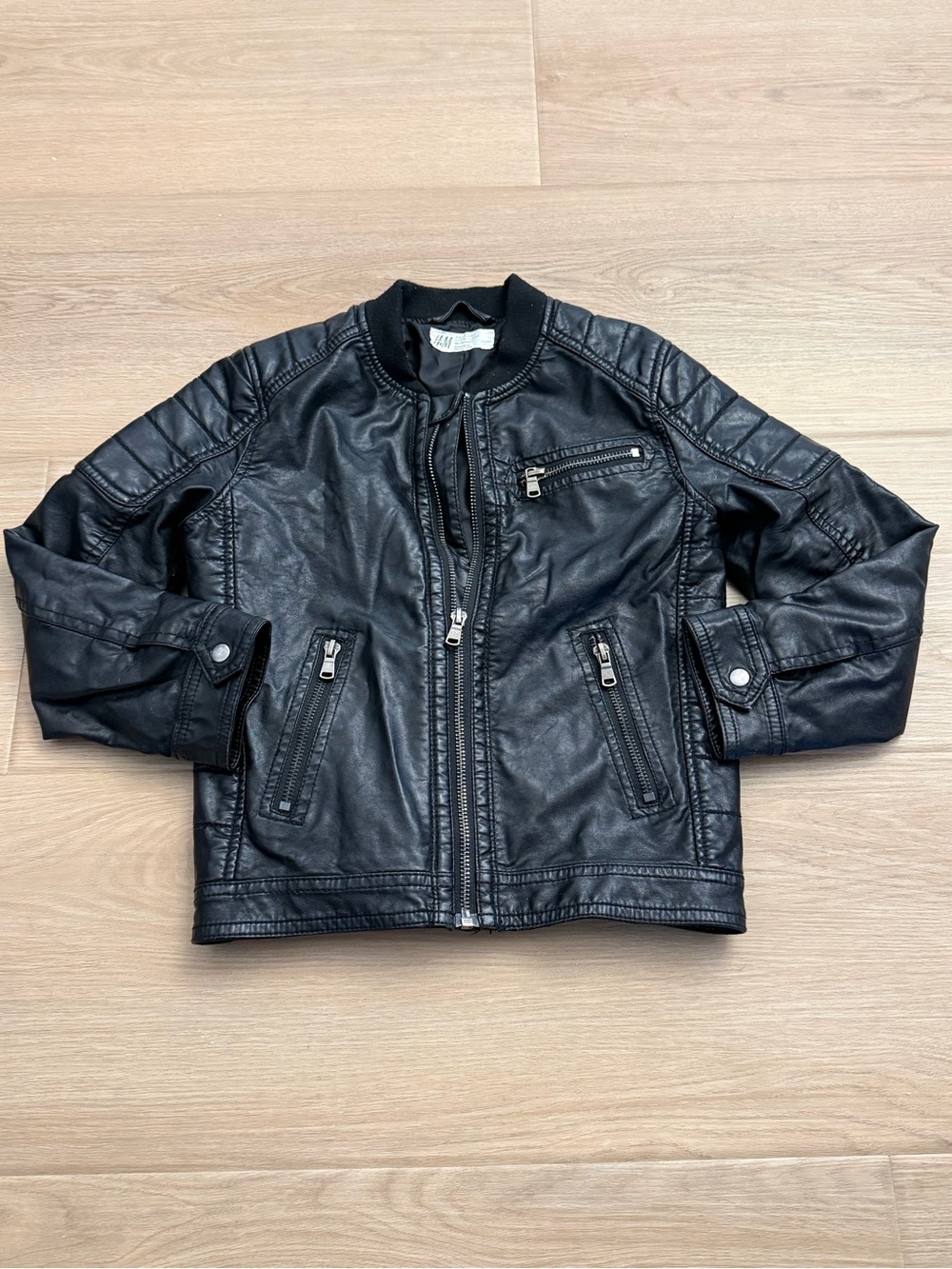 H&M Kids Faux Leather Moto Biker Jacket Size 6-7Y Black Ribbed Collar Zip Front